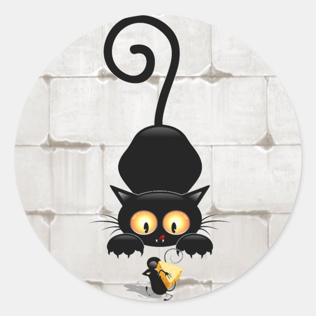 Cat and Mouse with Cheese Fun Cartoon Characters Classic Round Sticker (Front)