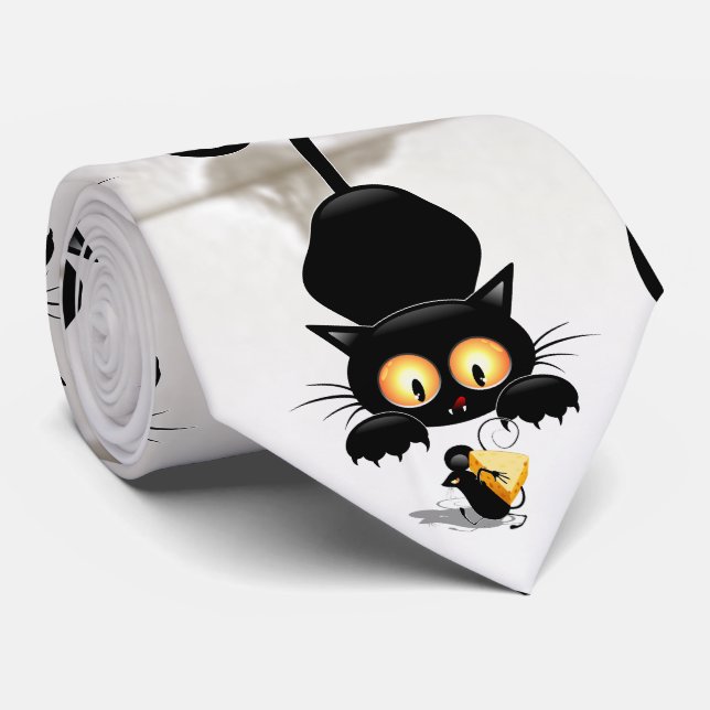 Cat and Mouse with Cheese Fun Cartoon Characters Tie (Rolled)
