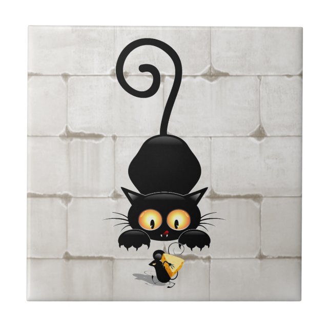 Cat and Mouse with Cheese Fun Cartoon Characters Tile (Front)