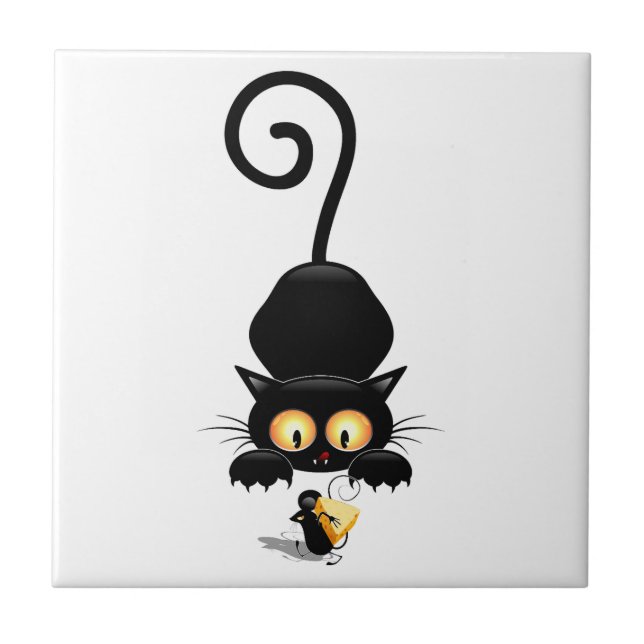 Cat and Mouse with Cheese Fun Cartoon Characters Tile (Front)