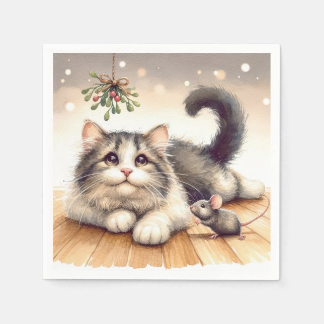 Cat and Mouse With Mistletoe Napkin (Front)