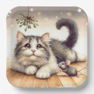 Cat and Mouse With Mistletoe Paper Plate