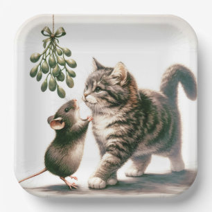 Cat and Mouse With Mistletoe Paper Plate