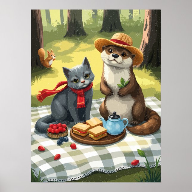 cat and otter having a forest picnic poster (Front)