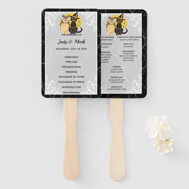 Cat And Owl Halloween Wedding Program Hand Fan (Front and Back)