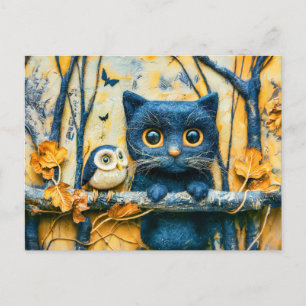 Cat and Owl in the Forest at Night Made Felt  Postcard