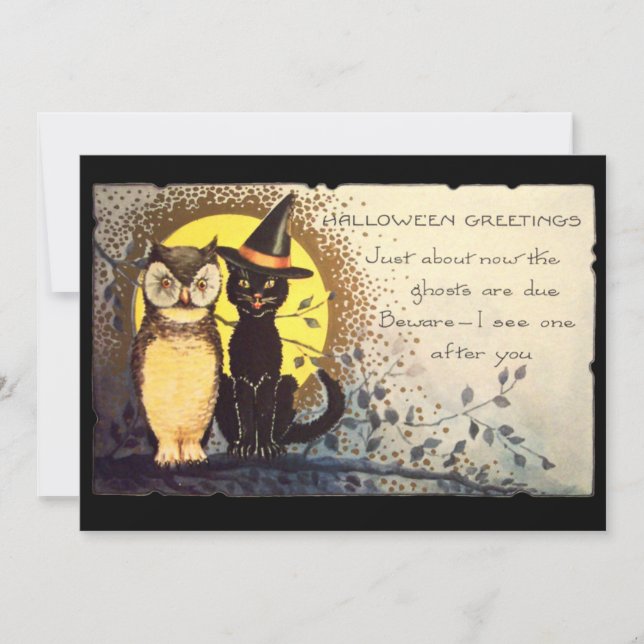 Cat and Owl Vintage Halloween Party Invitation (Front)