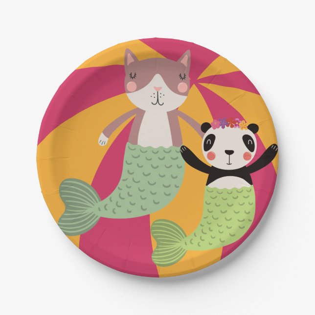 Cat and Panda Summer Mermaids Paper Plate (Front)