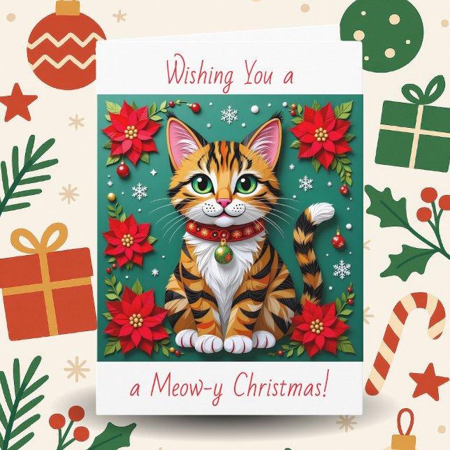 Cat and Poinsettia Personalized Christmas Holiday Card (Creator Uploaded)