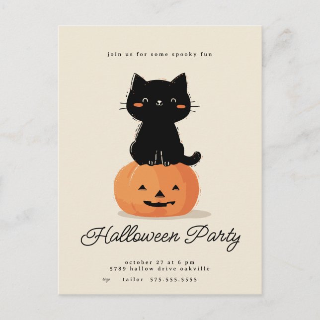 Cat and Pumpkin Halloween Party  Holiday Postcard (Front)