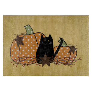Cat And Pumpkins Glass Cutting Board