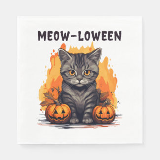 Cat and pumpkins with humourous halloween phrase napkin
