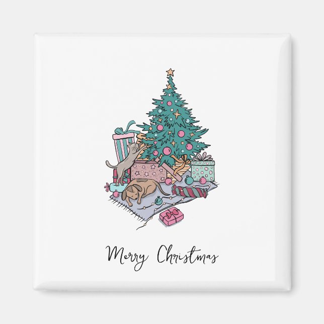 Cat And Puppy Christmas Tree Simple Minimalist Magnet (Front)