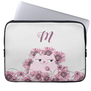 Cat and Purple Flowers Monogrammed Laptop Sleeve