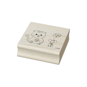Cat and Ratite, four-leaf clover Rubber Stamp