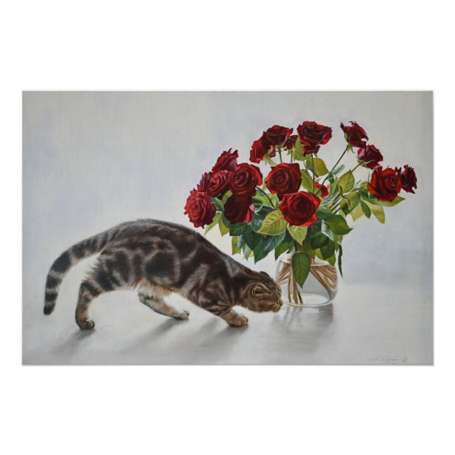 Cat and Red Roses – Realistic Oil Painting Print (Front)