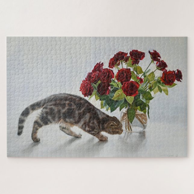 Cat and Red Roses – Realistic Oil Painting Print Jigsaw Puzzle (Horizontal)