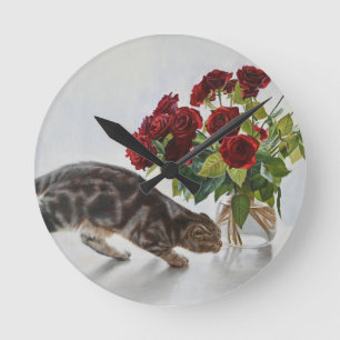 Cat and Red Roses – Realistic Oil Painting Print Round Clock