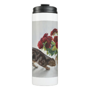 Cat and Red Roses – Realistic Oil Painting Print Thermal Tumbler