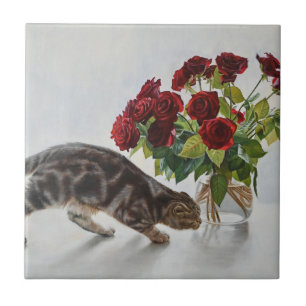 Cat and Red Roses – Realistic Oil Painting Print Tile