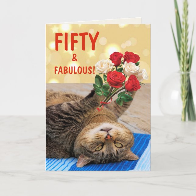 Cat And Roses Fiftieth Birthday Card (Front)