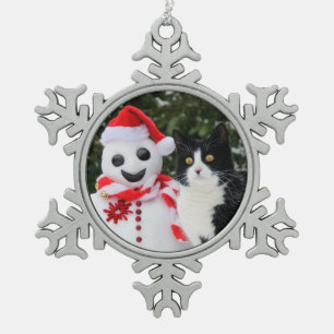 Cat and Santa Snowman Christmas Funny Photo - Snowflake Pewter Christmas Ornament