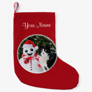 Cat and Santa Snowman Christmas Personalise mantle Small Christmas Stocking