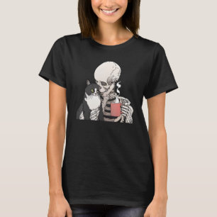 Cat And Skeleton Drinking Coffee Best Friend Cat T-Shirt