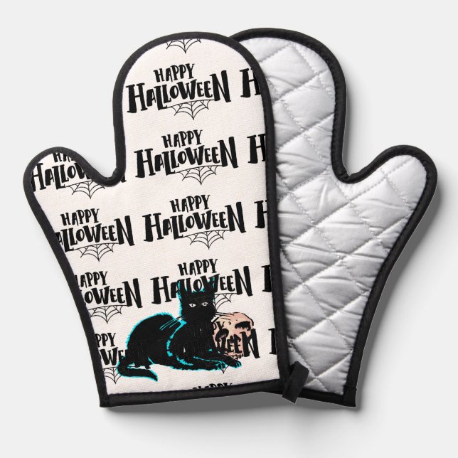 Cat and skull Happy Halloween   Oven Mitt (Front/Back)