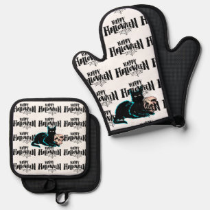 Cat and skull Happy Halloween Oven Mitt & Pot Holder Set