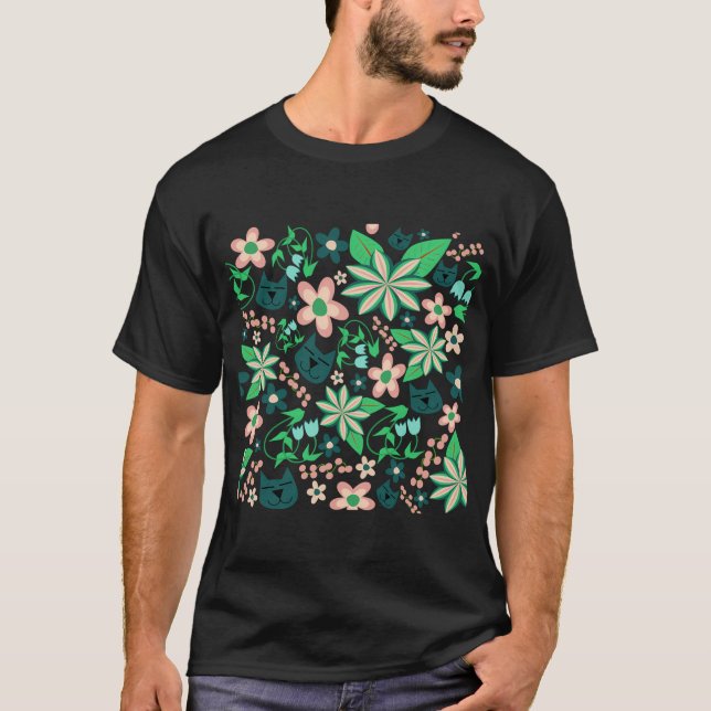 Cat And Spring Flowers In Blue  T-Shirt (Front)