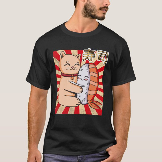 Cat And Sushi Japanese T-Shirt (Front)