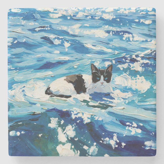 Cat And The Ocean (#5) Stone Coaster (Front)