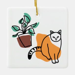 Cat and the plant ceramic ornament