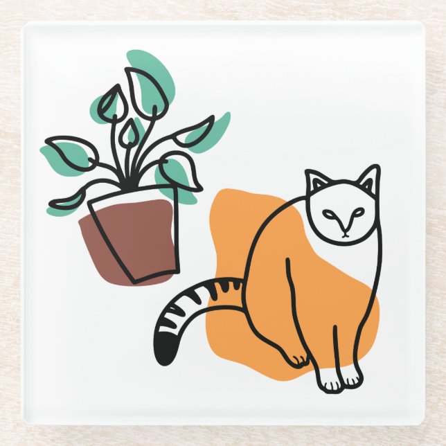 Cat and the plant glass coaster (Front)