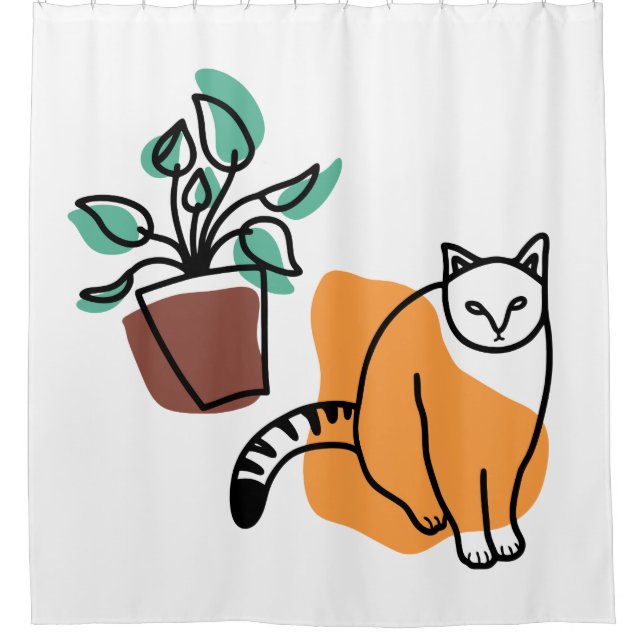 Cat and the plant shower curtain (Front)