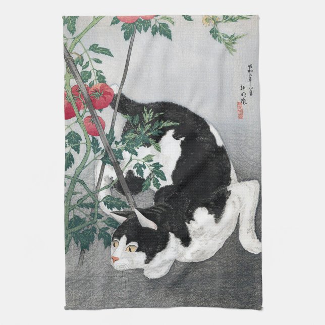 Cat and Tomato, Takahashi Shotei Tea Towel (Vertical)