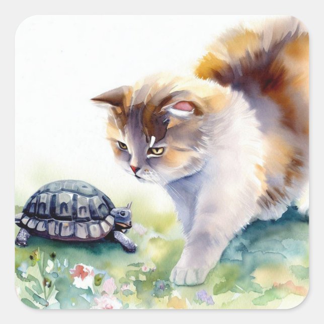 cat and tortoise square sticker (Front)