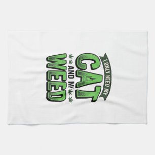 Cat And Weed Vintage Engraving T-Shirt Design_1 Tea Towel
