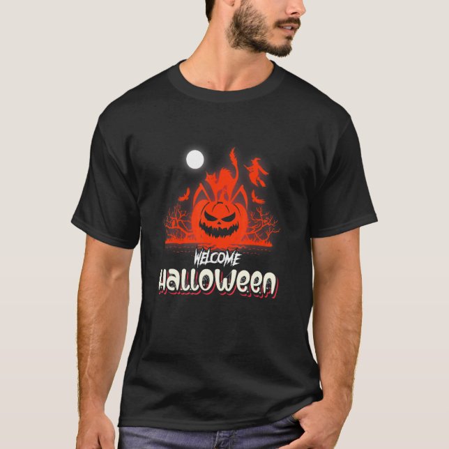 Cat And Witch Hat Halloween T-Shirt (Front)
