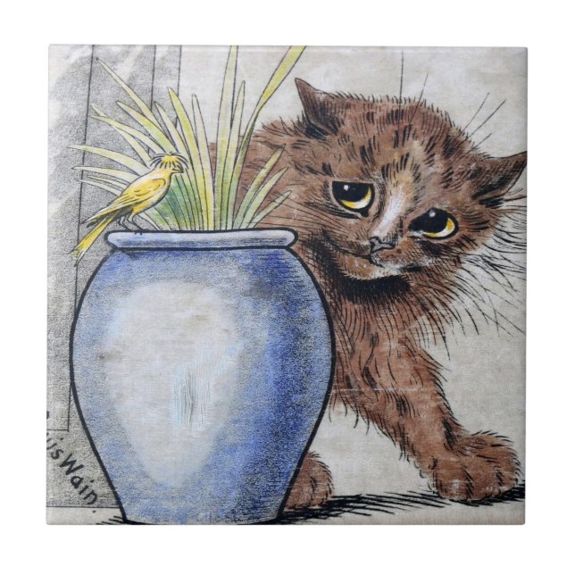 Cat and Yellow Small Bird, Louis Wain Tile (Front)