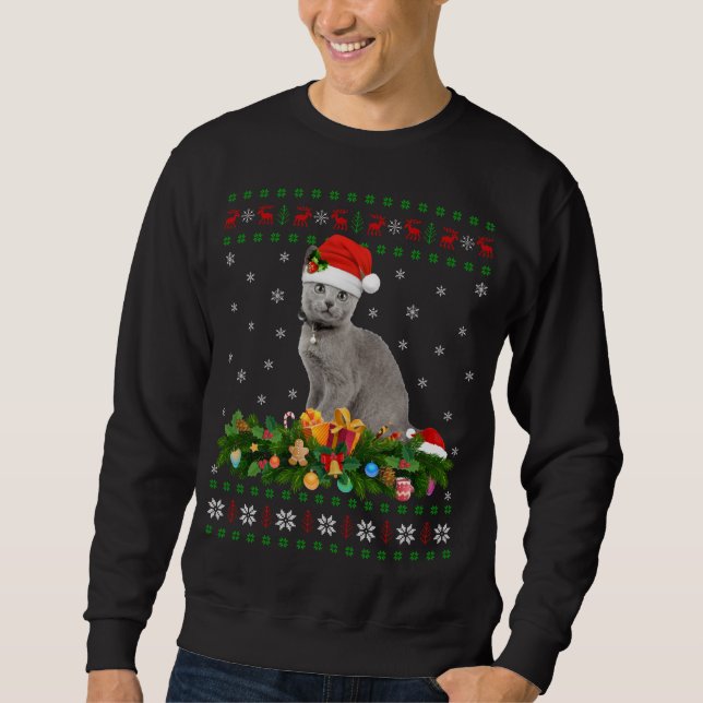 Cat Animal Lover Santa Hat Ugly Russian Blue Cat C Sweatshirt (Front)