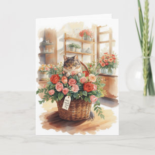 Cat arranging flower roses basket Valentine's Day  Card