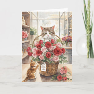 Cat arranging flower roses basket Valentine's Day  Card