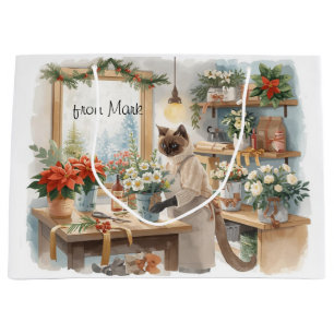 Cat arranging Winter Flowers for Christmas  Large Gift Bag