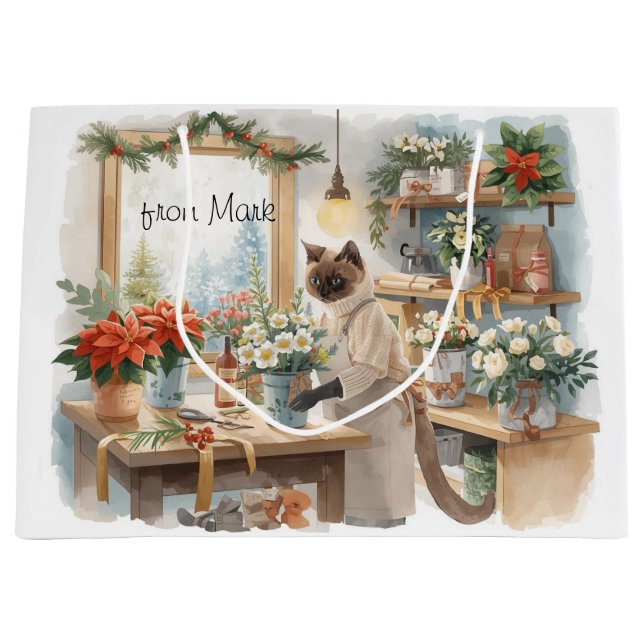 Cat arranging Winter Flowers for Christmas  Large Gift Bag (Front)