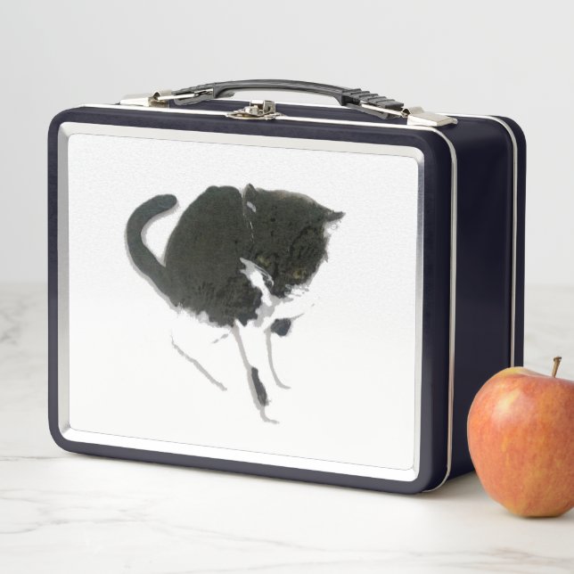Cat Art Black White Kitty Metal Lunch Box (In Situ)