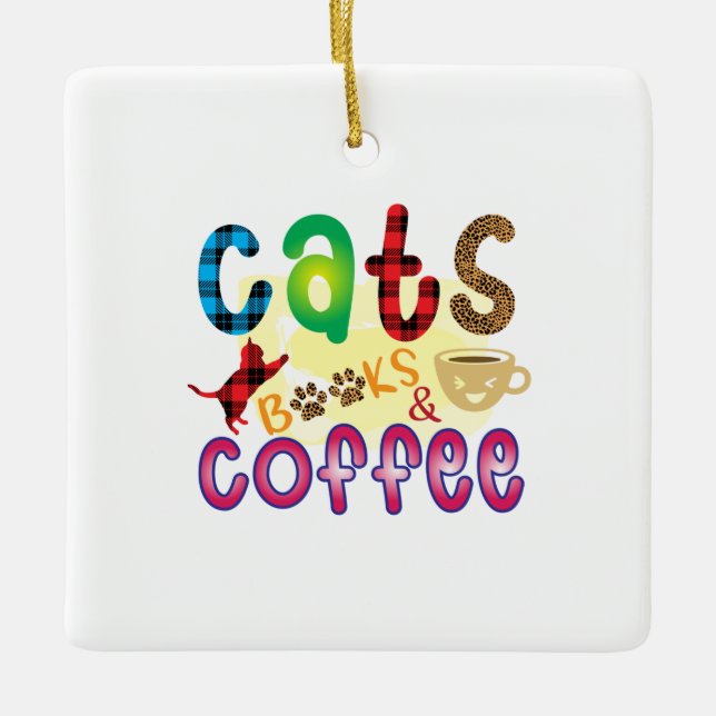 Cat Art Cats Books Coffee Ceramic Ornament (Front)