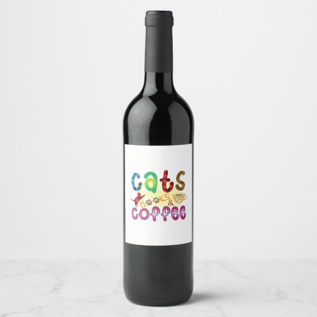 Cat Art Cats Books Coffee Wine Label (Front)