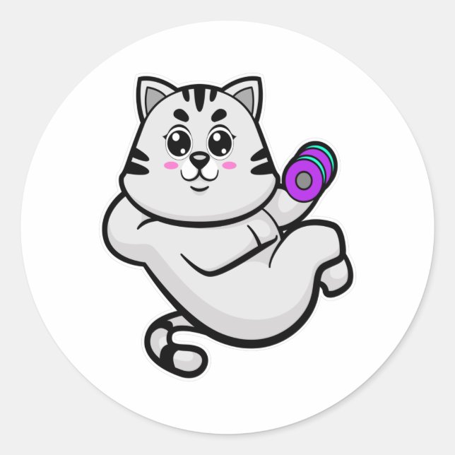Cat as Bodybuilder with Dumbbell Classic Round Sticker (Front)